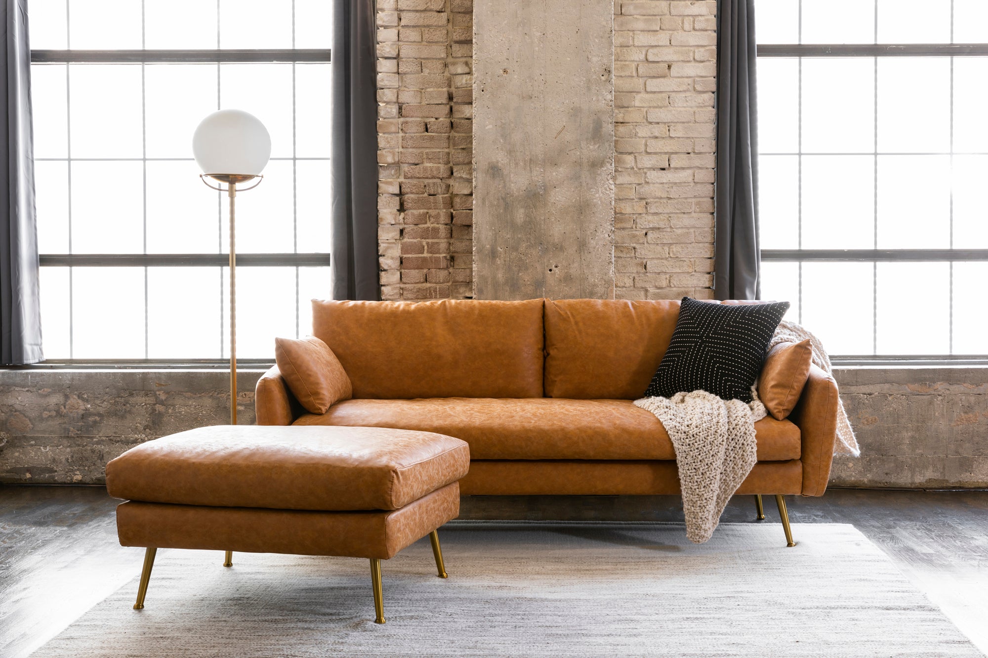 Albany Park Mid-Century Modern Couch - Cozy Designer Sofa Distressed Vegan Leather / Gold